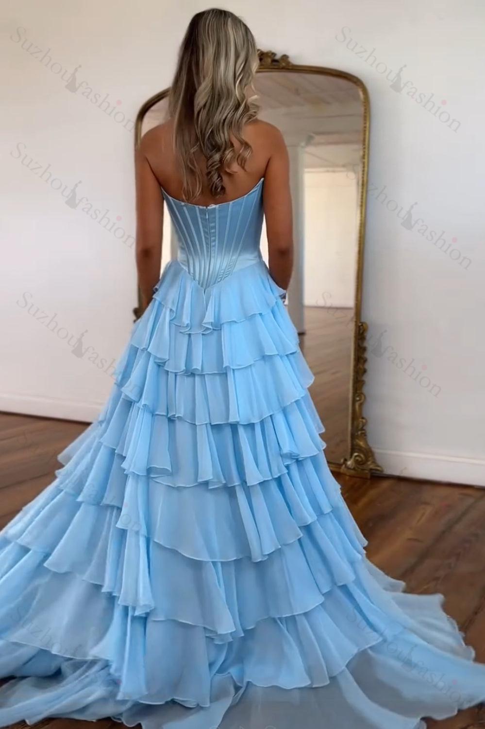 Black Prom Dress A Line Sweetheart Ruffled Corset Long Formal Dress With Slit