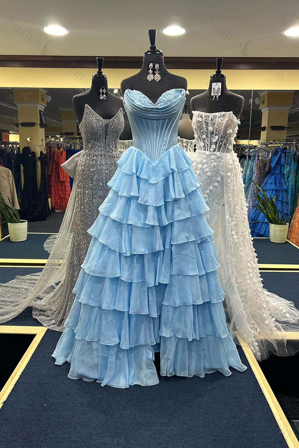 Suzhoufashion Black Prom Dress A Line Sweetheart Ruffled Corset Long Formal Dress With Slit