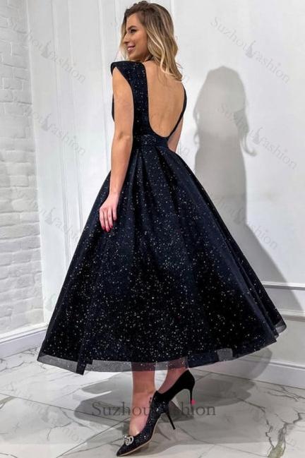 Black Prom Dress A Line V Neck Sleeveless Sequined Formal Dress