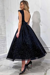 Black Prom Dress A Line V Neck Sleeveless Sequined Formal Dress