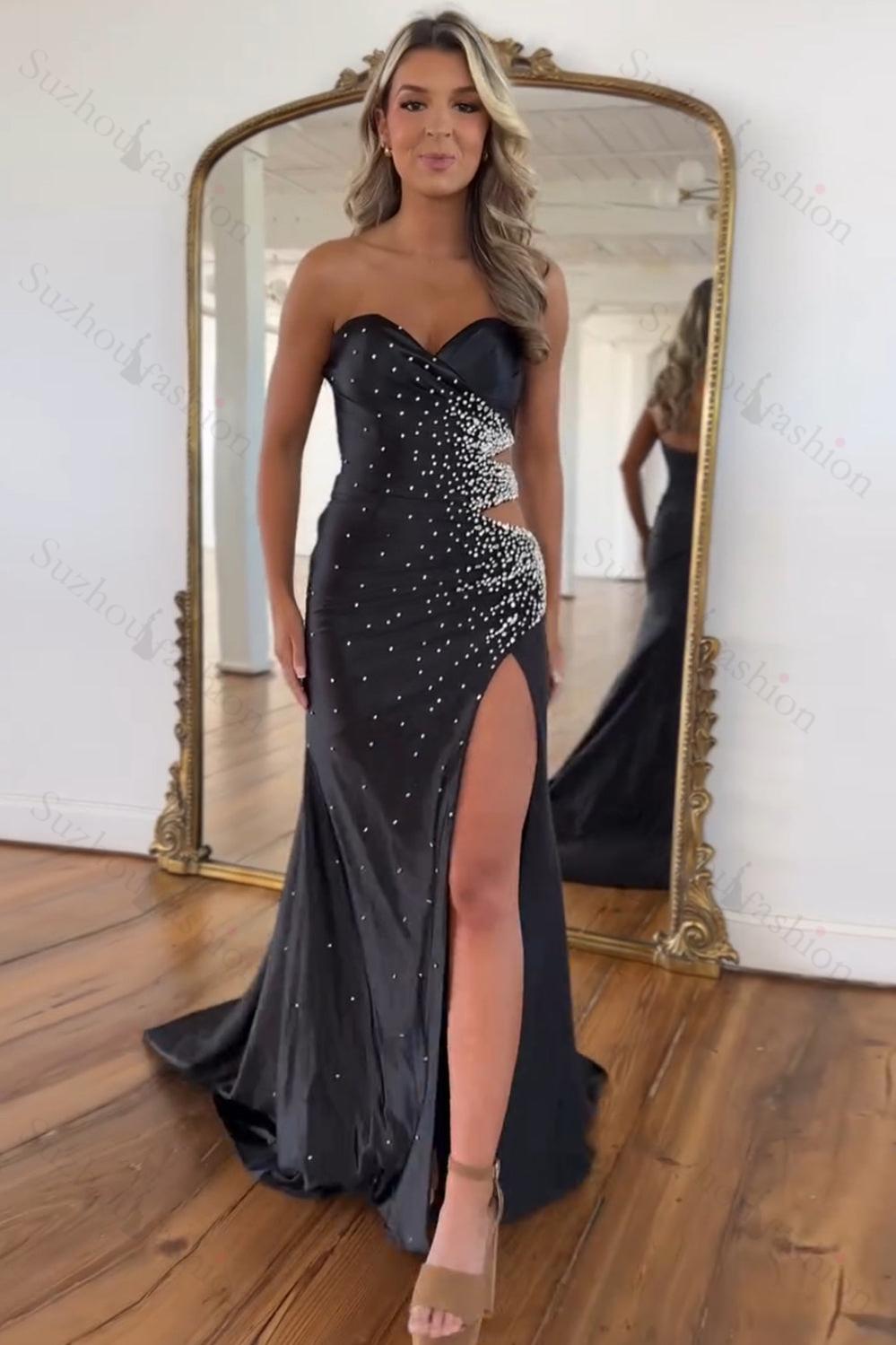 Black Prom Dress Beaded Mermaid Sweetheart Long Formal Dress With Slit