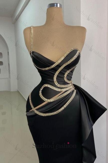 Black Prom Dress Mermaid One Shoulder Sleeveless Formal Dress With Lace
