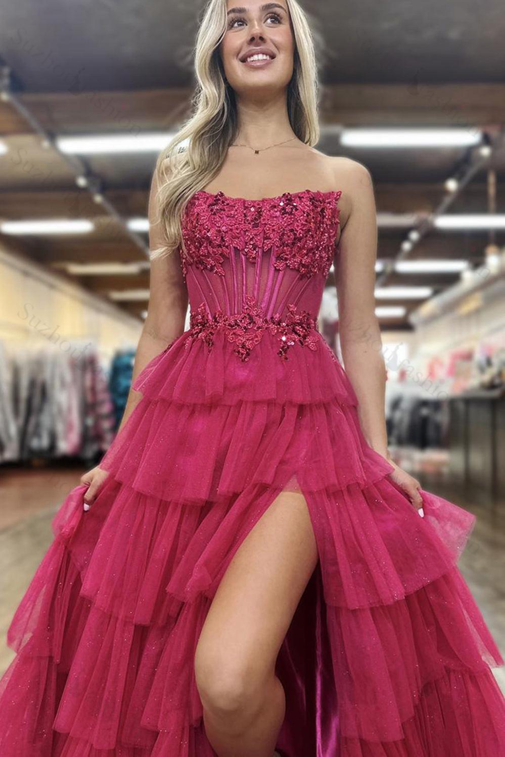 Black Prom Dress Ruffled Floor Length Tulle Formal Dress With Slit
