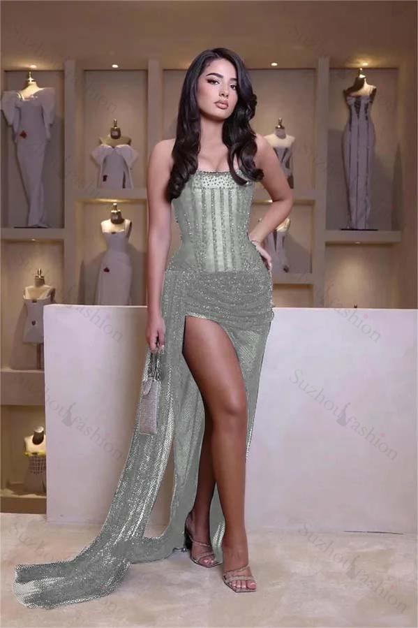 Black Prom Dress Strapless Sleeveless Mermaid Long Split Evening Formal Dress With Beading