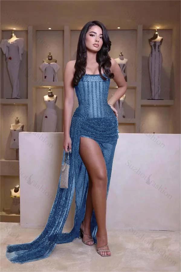 Black Prom Dress Strapless Sleeveless Mermaid Long Split Evening Formal Dress With Beading