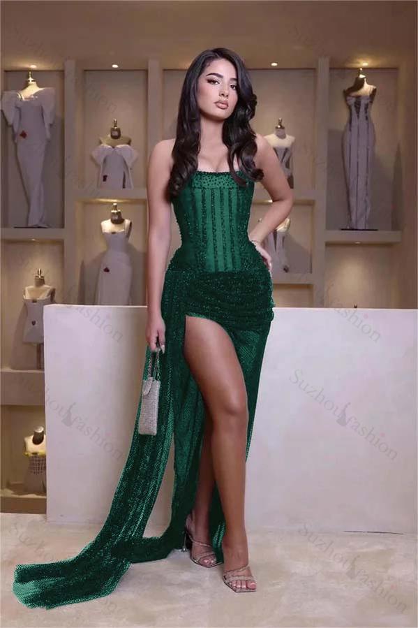 Black Prom Dress Strapless Sleeveless Mermaid Long Split Evening Formal Dress With Beading