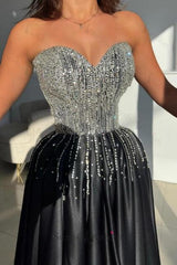Black Prom Dress Sweetheart A Line Beaded Sleeveless Satin Formal Dress With Slit