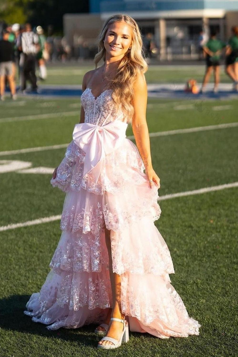 Black Prom Dress Sweetheart Ruffled Bow Long Formal Dress With Slit
