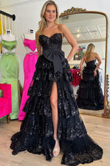 Black Prom Dress Sweetheart Ruffled Bow Long Formal Dress With Slit