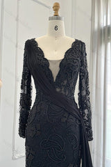 Black Prom Dress V Neck Mermaid Evening Formal Dress Long Sleeves With Appliques Ruffled