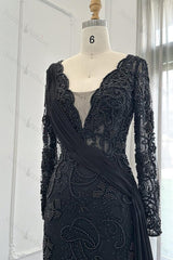 Black Prom Dress V Neck Mermaid Evening Formal Dress Long Sleeves With Appliques Ruffled