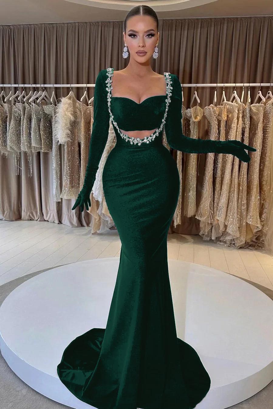 Black Prom Dress Velvet Long Sleeve Beaded Long Mermaid Evening Formal Dress