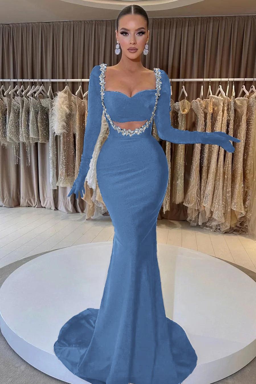 Black Prom Dress Velvet Long Sleeve Beaded Long Mermaid Evening Formal Dress