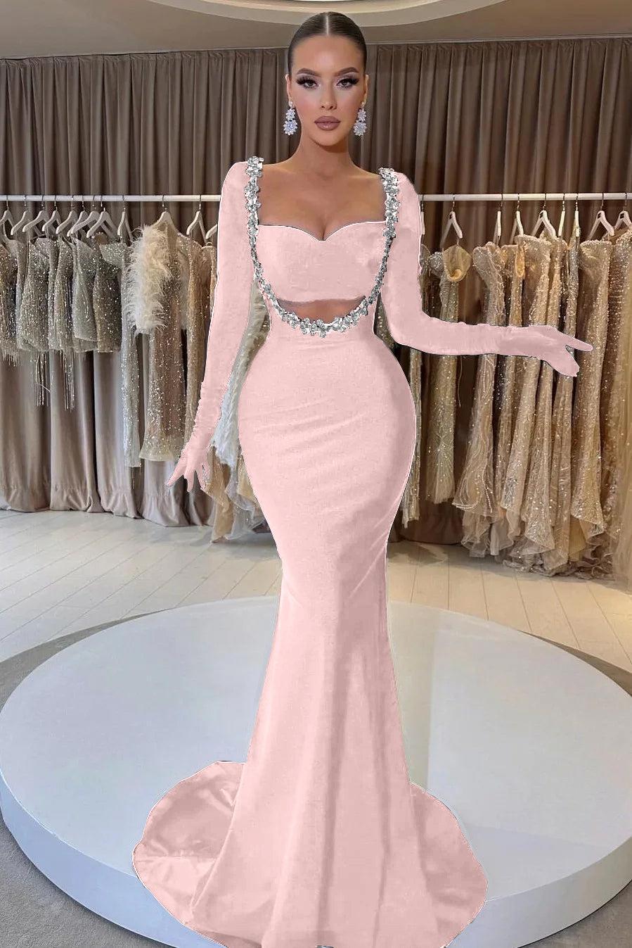 Black Prom Dress Velvet Long Sleeve Beaded Long Mermaid Evening Formal Dress