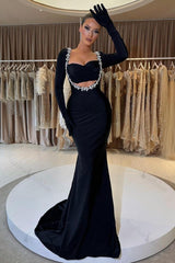 Black Prom Dress Velvet Long Sleeve Beaded Long Mermaid Evening Formal Dress