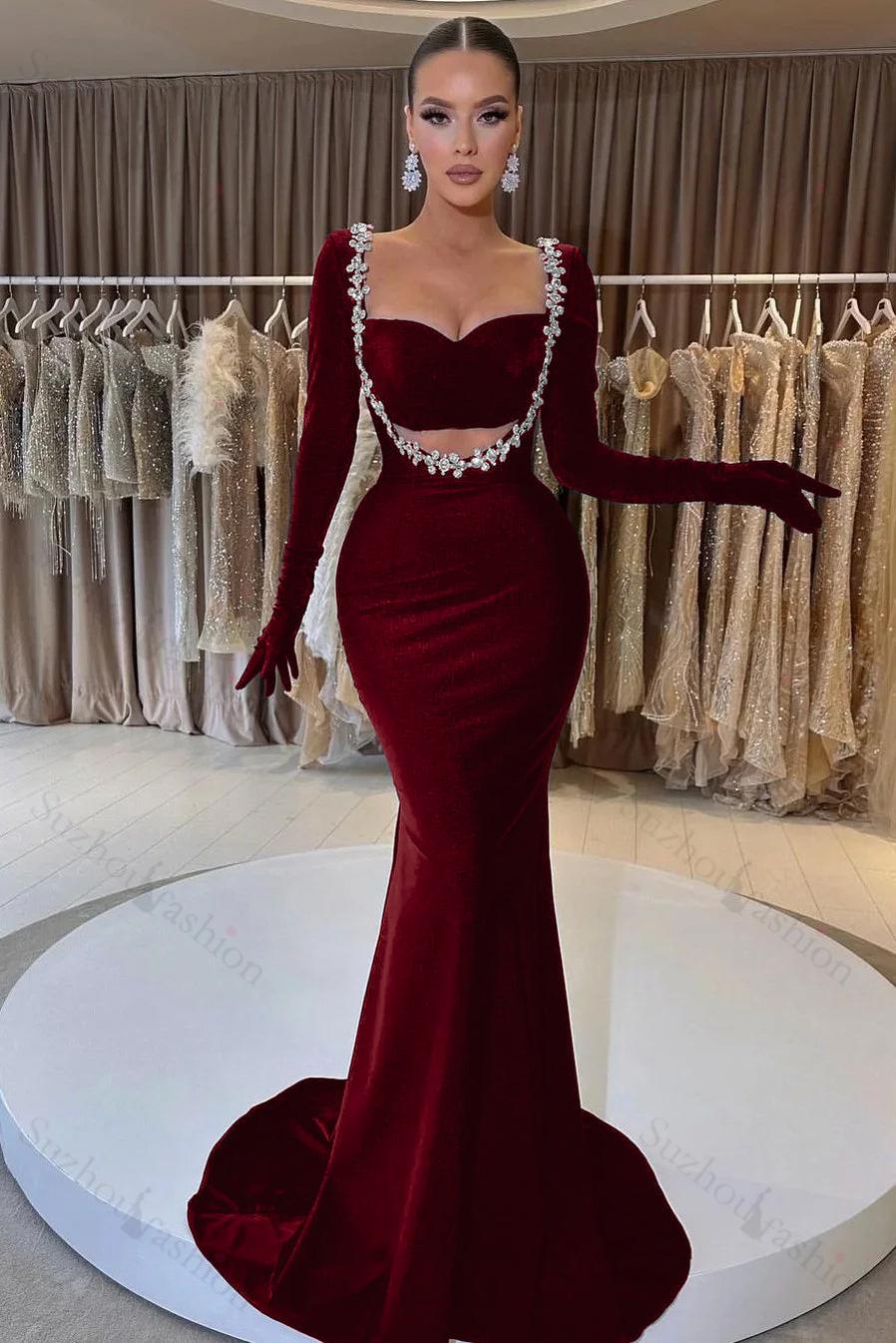 Black Prom Dress Velvet Long Sleeve Beaded Long Mermaid Evening Formal Dress