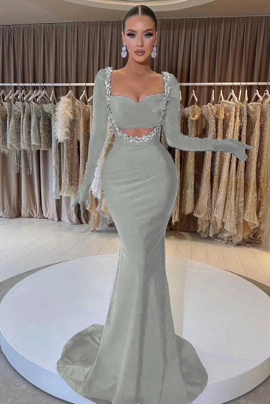 Black Prom Dress Velvet Long Sleeve Beaded Long Mermaid Evening Formal Dress