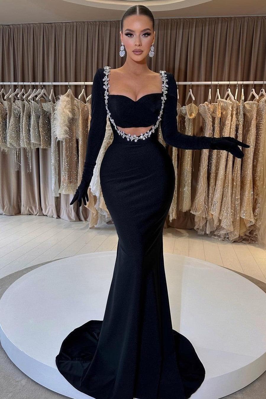 Black Prom Dress Velvet Long Sleeve Beaded Long Mermaid Evening Formal Dress