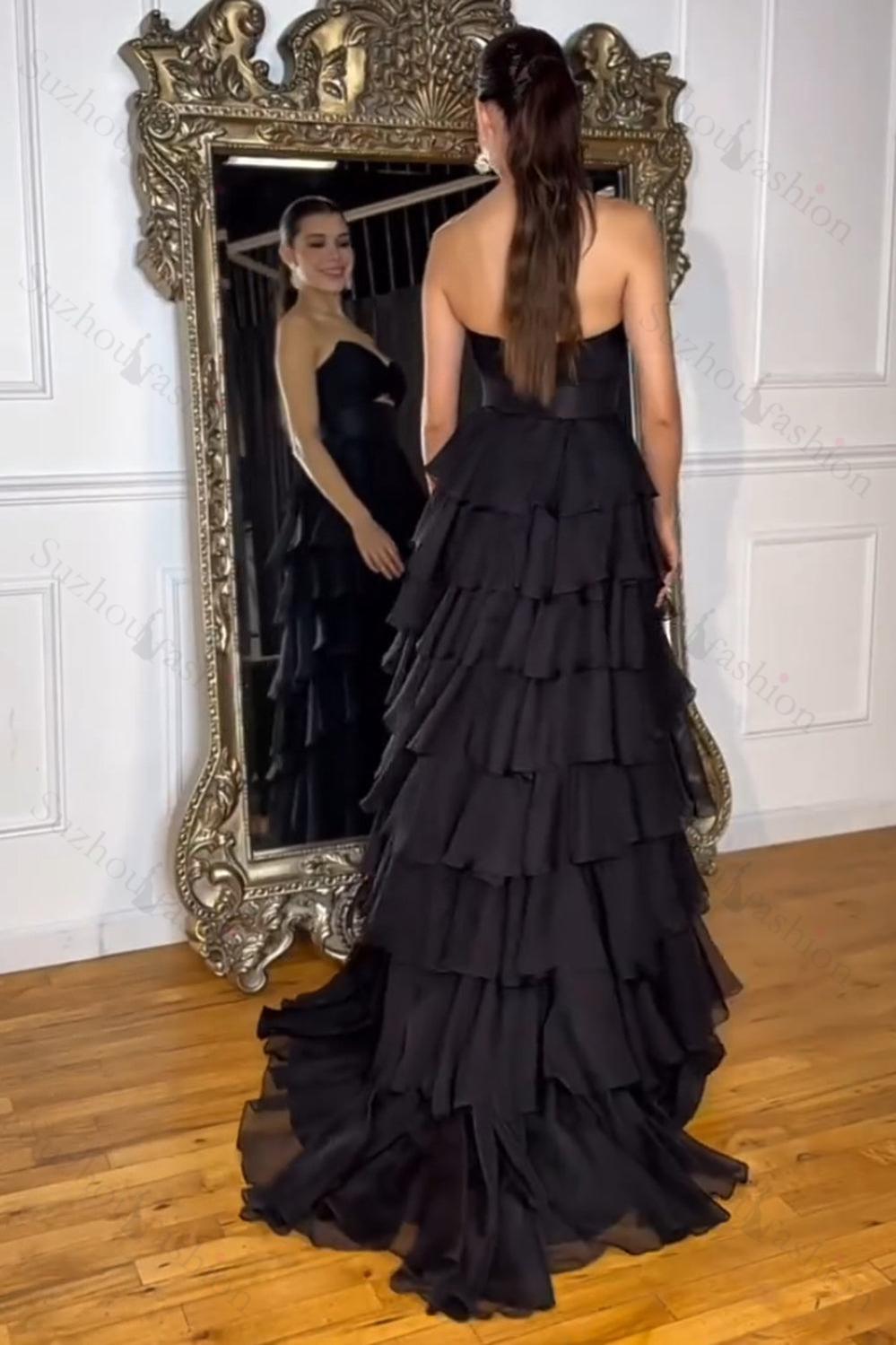 Black Prom Dress White Prom Dress Sweetheart Ruffled Long Formal Dress With Slit