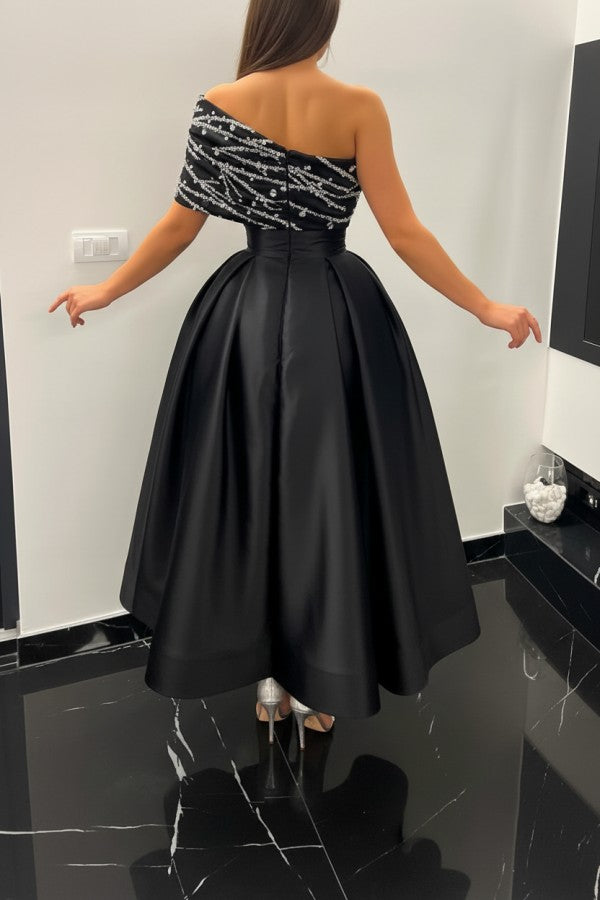 Black Satin A Line Prom Dress with Beaded Asymmetric Neckline
