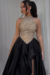 Black Satin A Line Prom Dress with Crystal Halter Bodice