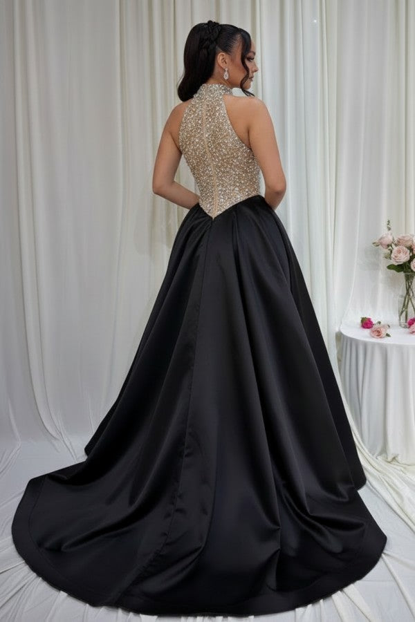 Black Satin A Line Prom Dress with Crystal Halter Bodice