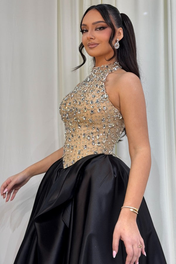 Black Satin A Line Prom Dress with Crystal Halter Bodice