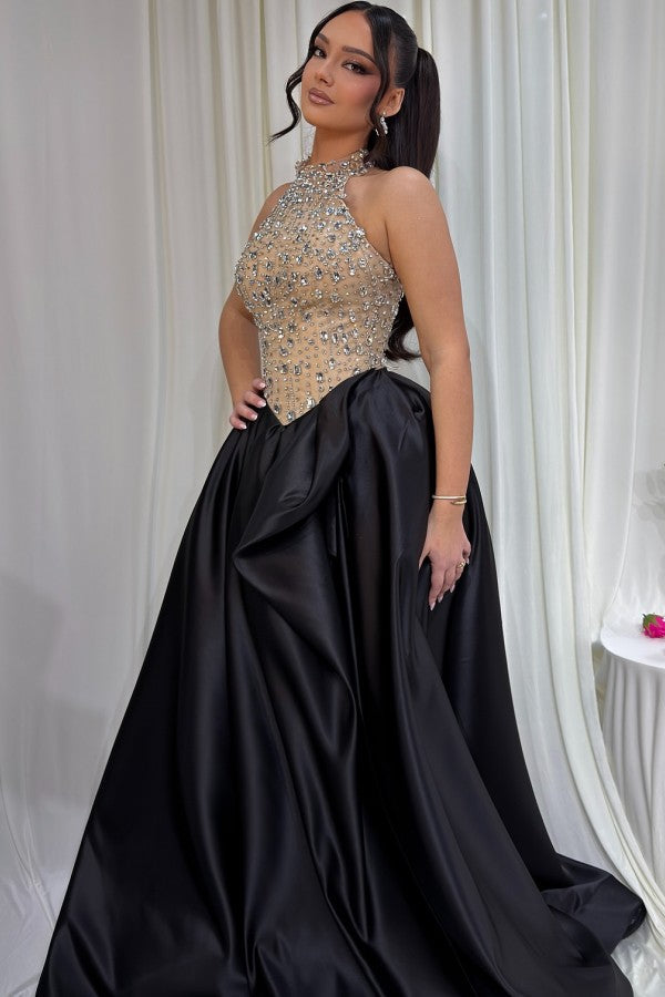 Black Satin A Line Prom Dress with Crystal Halter Bodice