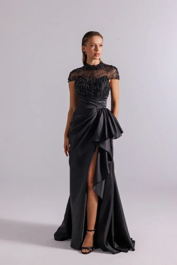 Black Satin Prom Dress with Beaded Illusion Bodice and Side Slit