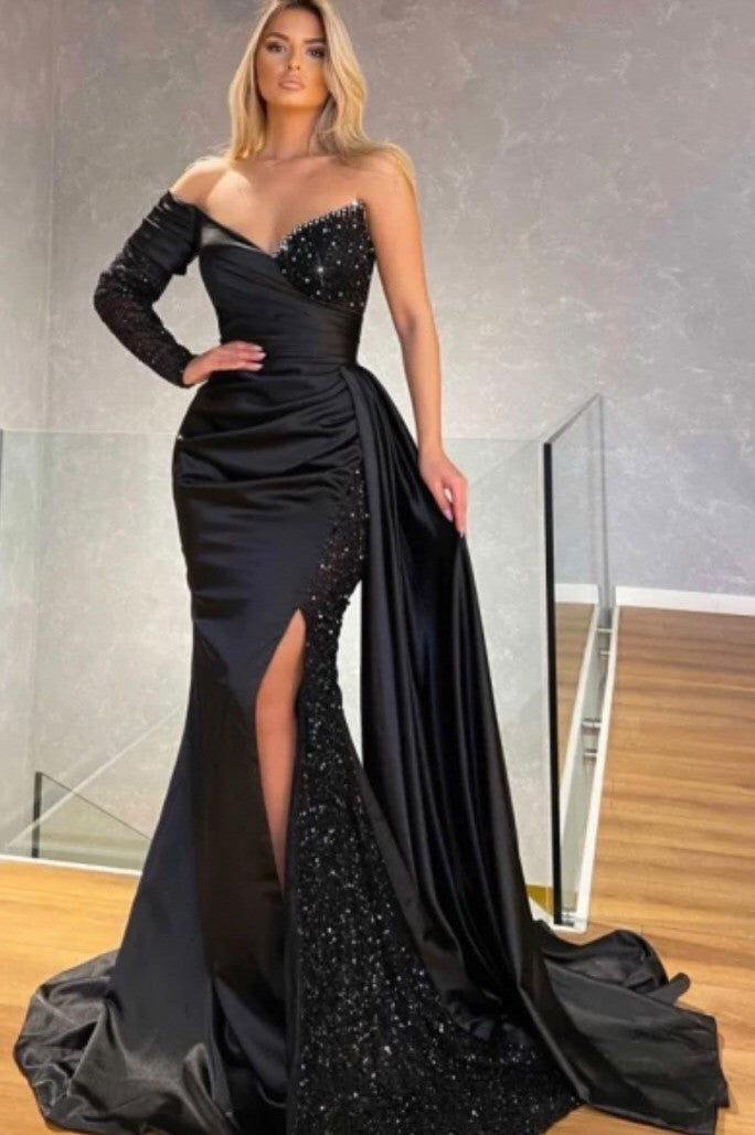Black Sequins One Shoulder Sweetheart Long Sleeve Floor-length Split Front Mermaid Prom Dresses with Train