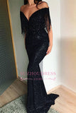 Black Sequins Prom Dresses |  Tassels Sweep Train Mermaid Evening Dresses