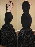 Black Sexy High-Neck Mermaid Prom Dresses Halter Evening Dresses BA7775