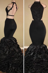 Black Sexy High-Neck Mermaid Prom Dresses Halter Evening Dresses BA7775