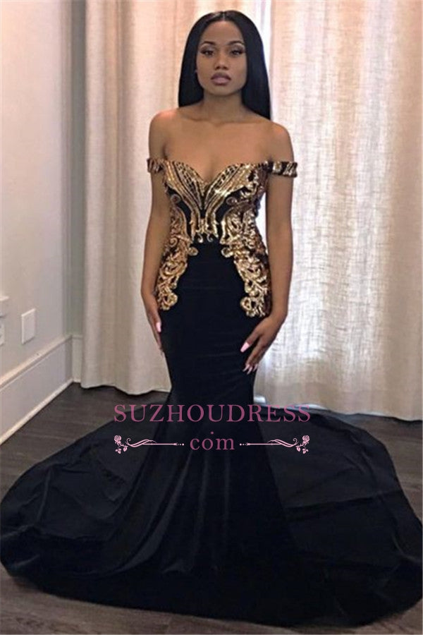 Black Sexy Off-The-Shoulder Mermaid Long Evening Gown | Sleeveless Sweep Train Appliques Prom Dresses BC0986