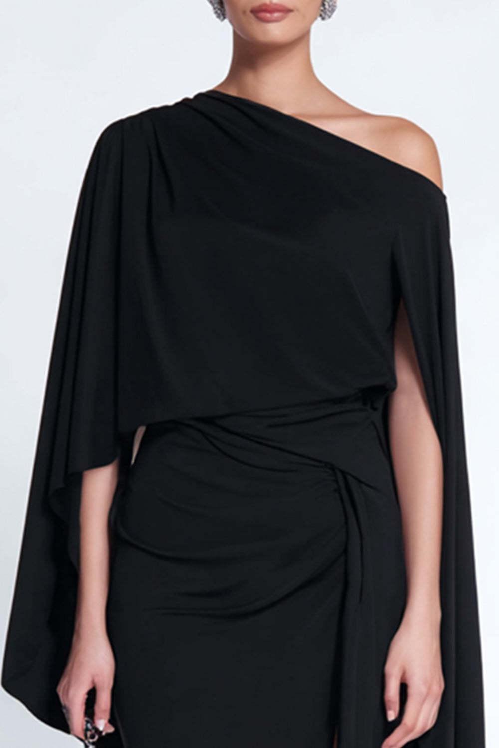Suzhoufashion Black Sheath One Shoulder Midi Prom Dress With Cape