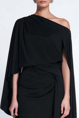 Suzhoufashion Black Sheath One Shoulder Midi Prom Dress With Cape
