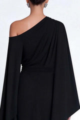 Suzhoufashion Black Sheath One Shoulder Midi Prom Dress With Cape