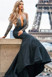 Vestido de fiesta de sirena con apliques de tul transparente negro | Precioso vestido de noche de manga larga