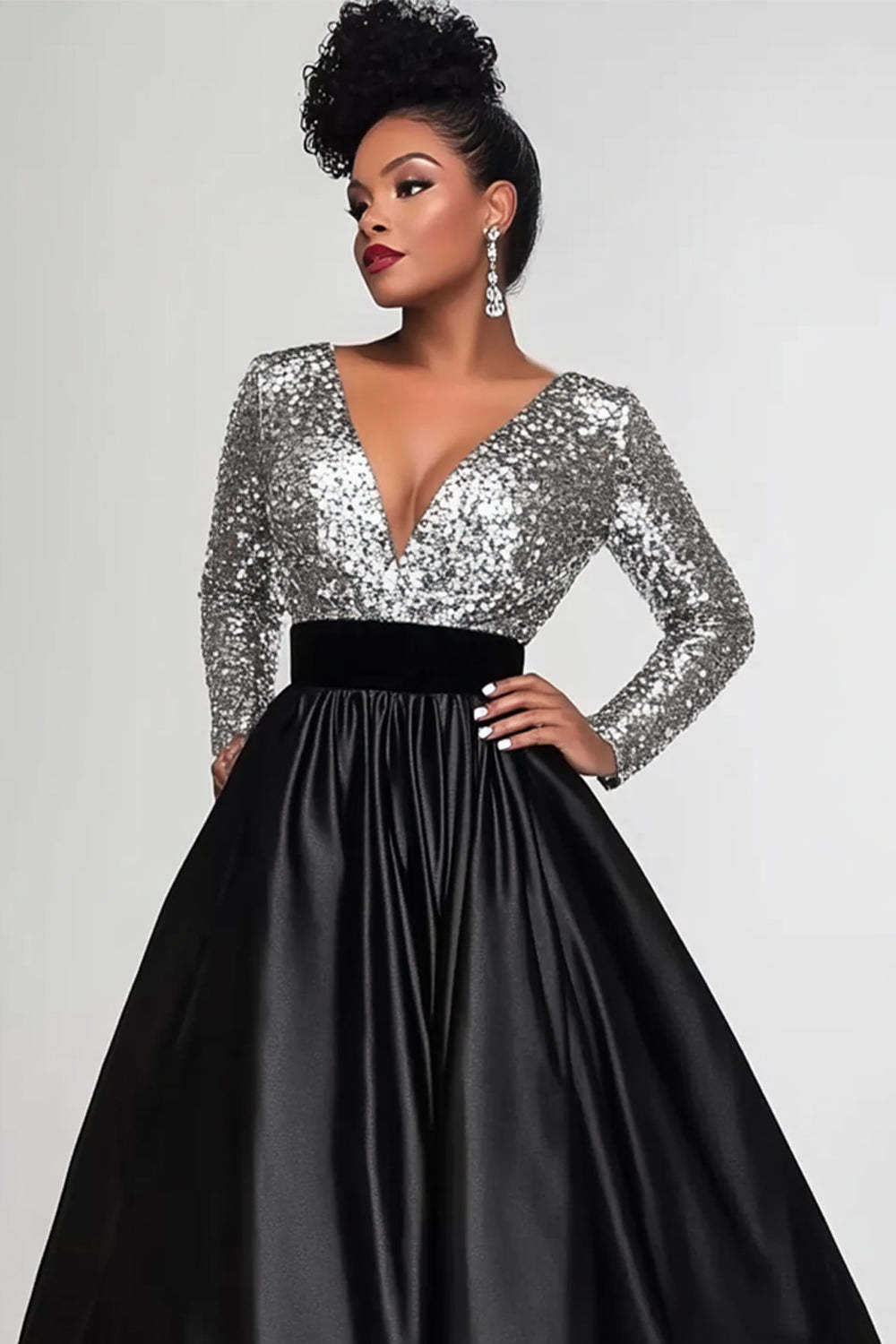 silver grey wedding guest dress Suzhoufashion Black Silver Wedding Guest Dress A-Line Long Sleeves Long Formal Dress