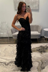 Black Sweetheart Mermaid Lace Prom Dress With Ruffle Skirt Formal Evening Gown