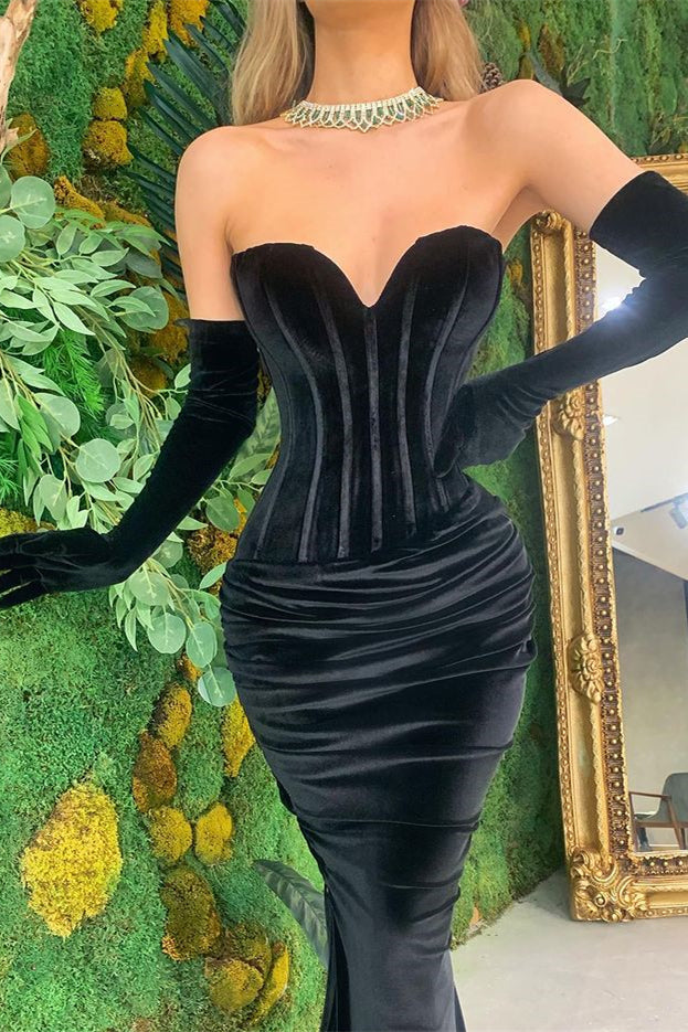 Black Sweetheart Mermaid Prom Dress Velvet Long with Gloves | Suzhoufashion Black Sweetheart Mermaid Prom Dress Velvet Long with Gloves | Suzhoufashion