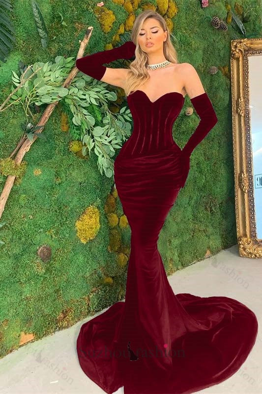 Black Sweetheart Mermaid Prom Dress Velvet Long With Gloves | Suzhoufashion Black Sweetheart Mermaid Prom Dress Velvet Long With Gloves | Suzhoufashion