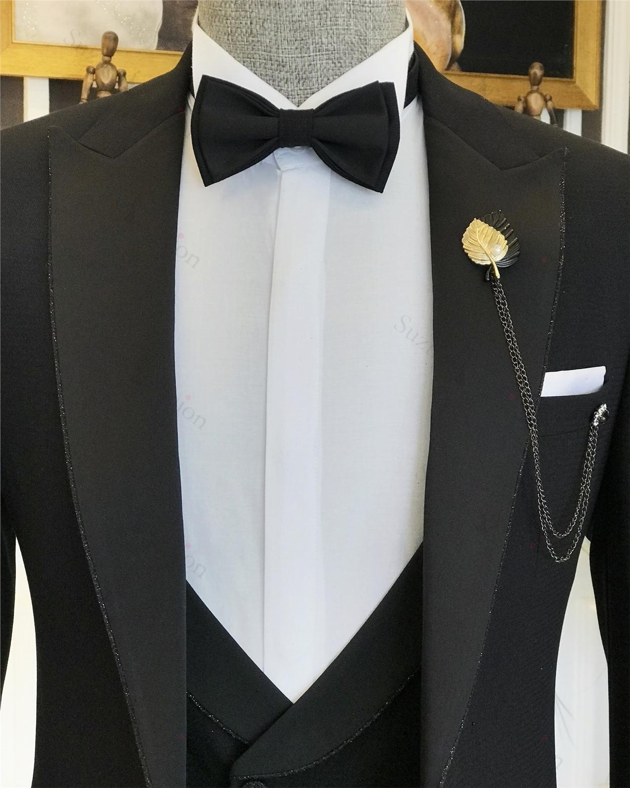 Black Three Piece Peaked Lapel Business Suit