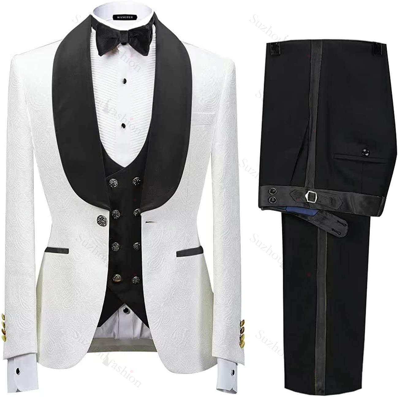Black Three Piece Shawl Lapel Jacquard Wedding Suit