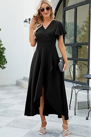 Black V Neck Wedding Guest Dress High Low Batwing Sleeves Party Dress