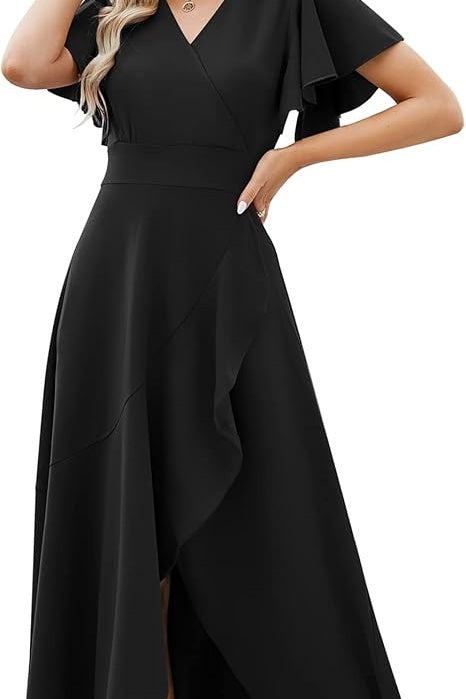 Black V Neck Wedding Guest Dress High Low Batwing Sleeves Party Dress