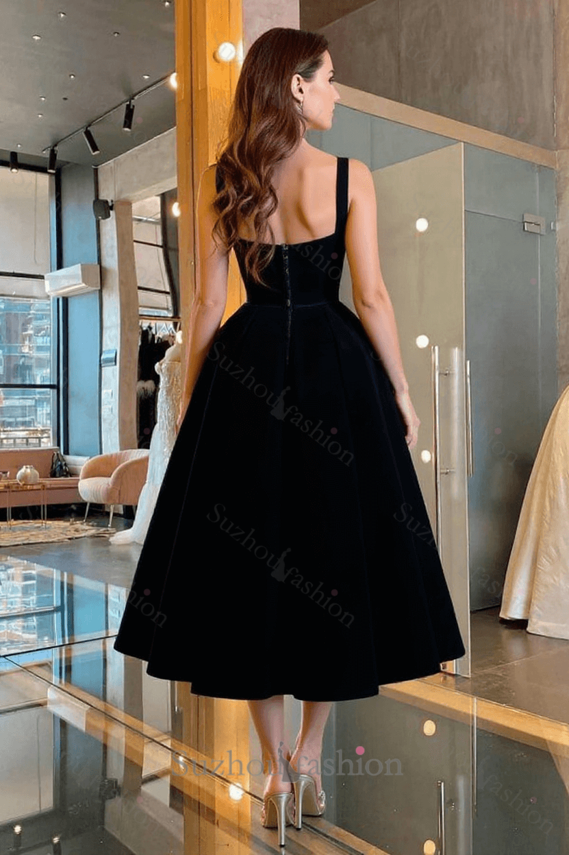 Black Velvet Dress A Line Tea Length Christmas Party Dress