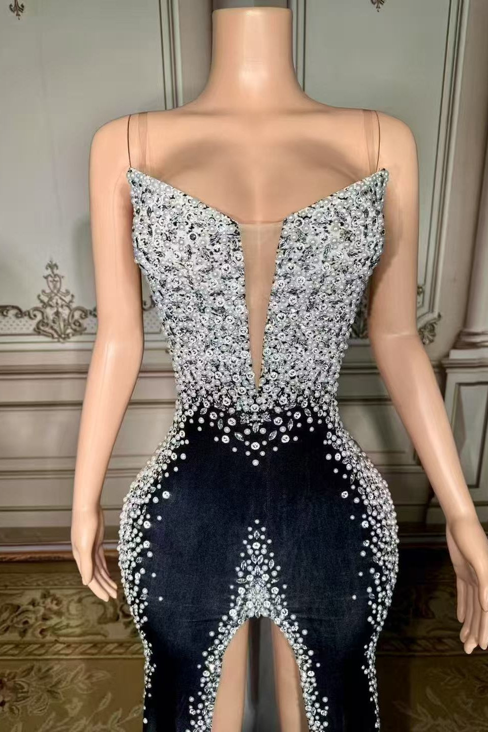 Black Velvet Formal Dress Beaded Evening Dress with Slit – suzhoufashion