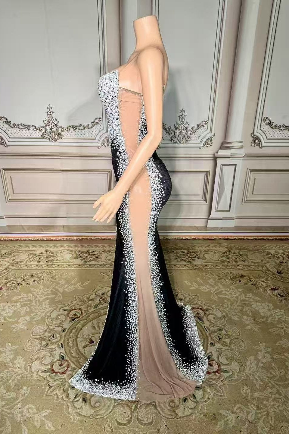 Black Velvet Formal Dress Beaded Evening Dress with Slit