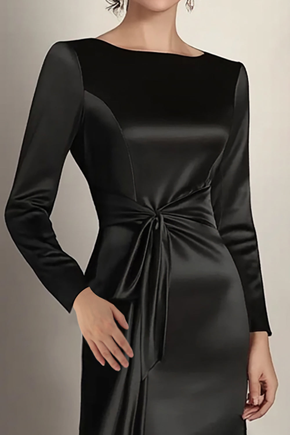 Suzhoufashion Black Wedding Guest Dress Mermaid Long Sleeves Satin Ruched Long Formal Dress